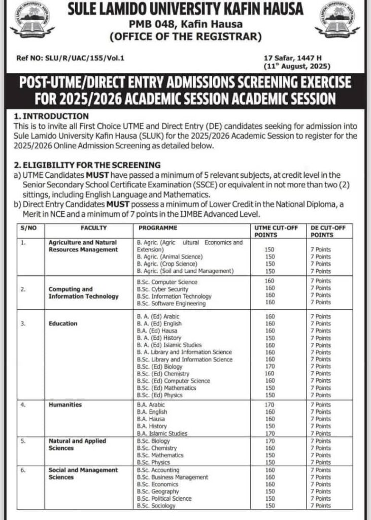 Sule Lamideo Post utme form 2025/2026