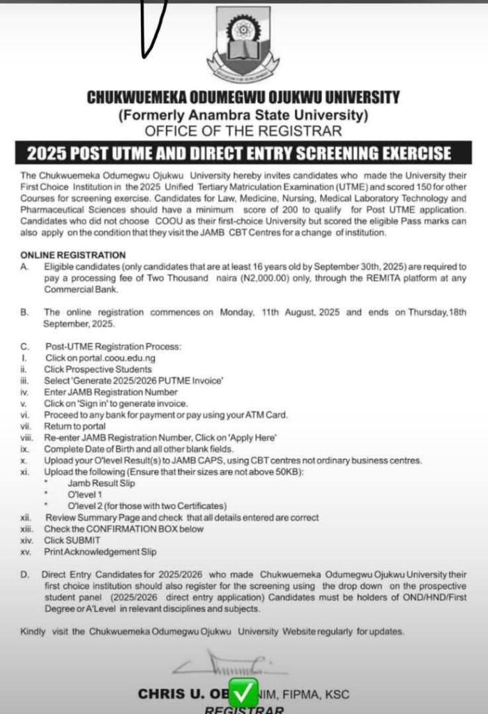 coou post utme screening